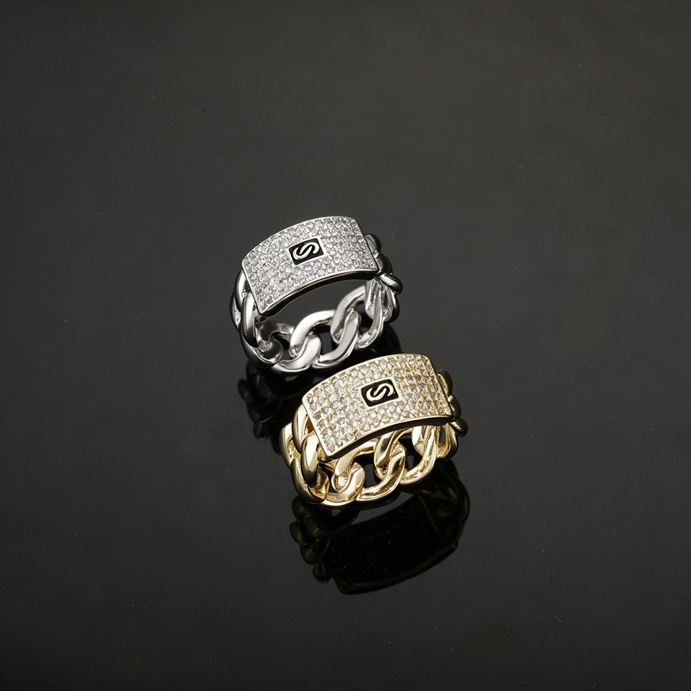 Angin Hip Hop Penuh Berlian Cincin Rantai Kuba 14K Emas Berlapis Zircon Cincin Pria dan Wanita