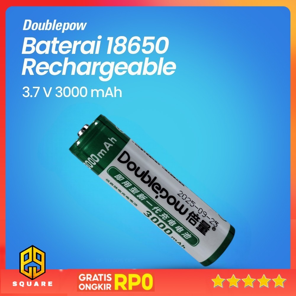 Doublepow Baterai Isi Ulang 18650 Li-Ion Button Top 3000 mAh 3.7V - DP18650 Original 99 Square