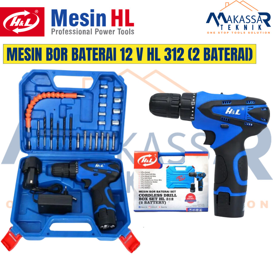 H&L Mesin Bor Baterai 12V HL 312 Cordless Drill Set 2 Baterai Bor Cas Rechargeable Serbaguna