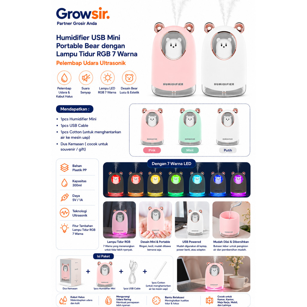 GRWOSIR Humidifier USB Mini Portable Bear dengan Lampu Tidur RGB 7 Warna Pelembap Udara Ultrasonik FS038