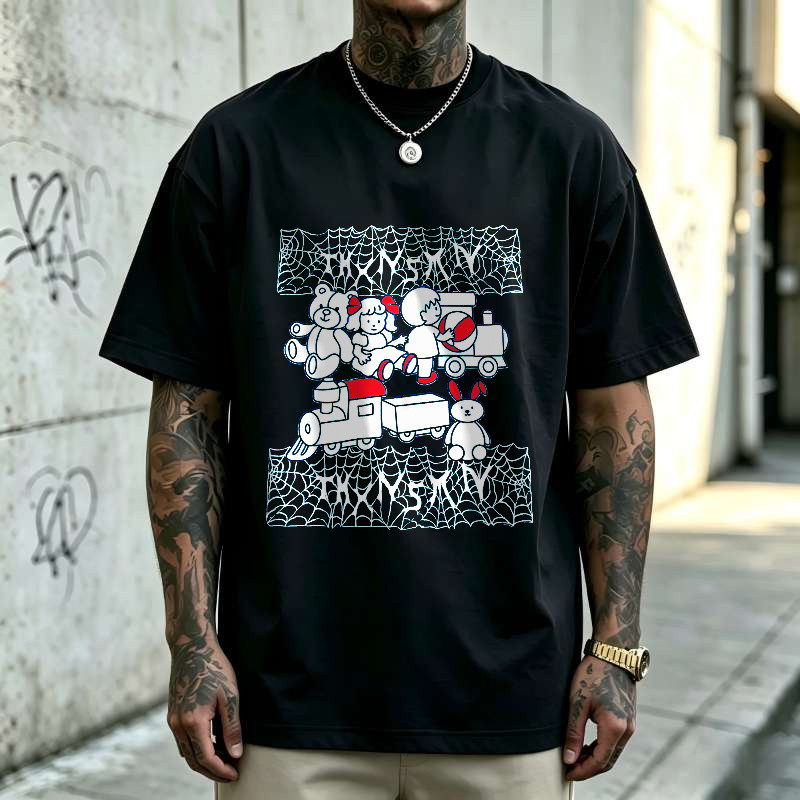 Kaos Pria Oversize Unisex Motif Kereta Api Boneka Beruang Dan Kelinci Dengan Jaring Laba-Laba, T-Shi