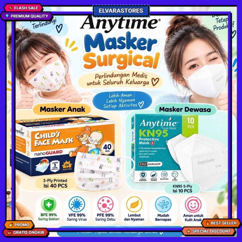 Termurah Anytime Masker Medical Protective 3PLY 4PLY KN95 Duckbill Anak Anti UV Sinar Matahari Maske