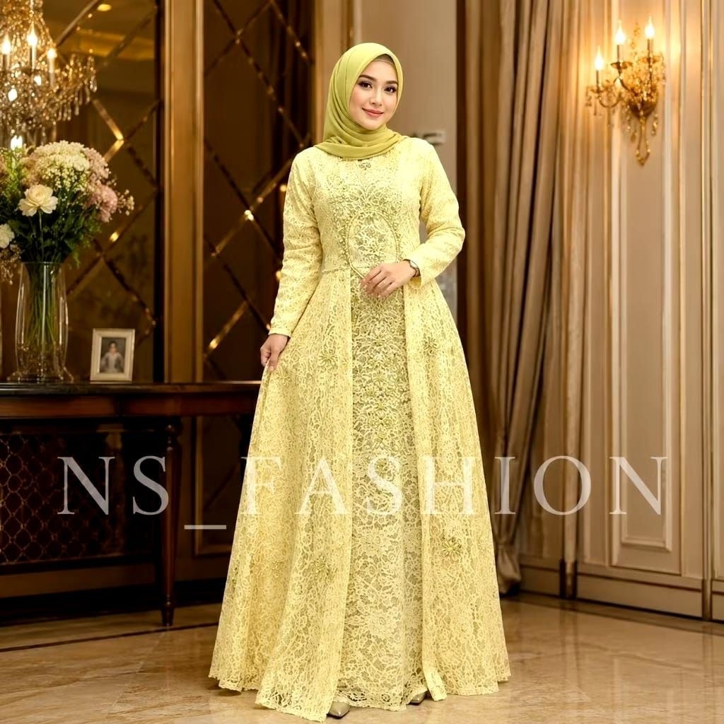 Terbaru gamis brokat bordir bulet lengkap dengan payet manual mewah/gamis lebaran/gamis wanita/gamis