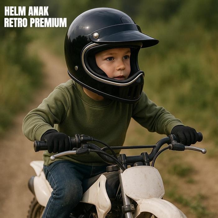 Helm Anak Full Face Model Cakil Retro 5-11 Tahun Laki Laki Balap Motor Keren - HITAM