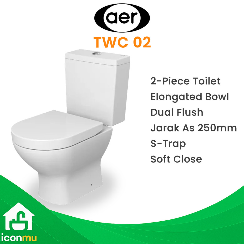 AER Kloset Duduk TWC02 Dual Flush Soft Close As 25 Tabung Keramik Putih TWC 02 2 Piece Toilet Closet