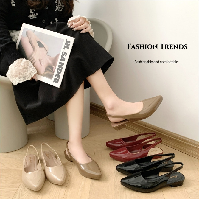 Sepatu Kerja Wanita Glossy Hitam Mewah Kekinian Flat Shoes Sendal Karet Jelly Melangkah Collection S