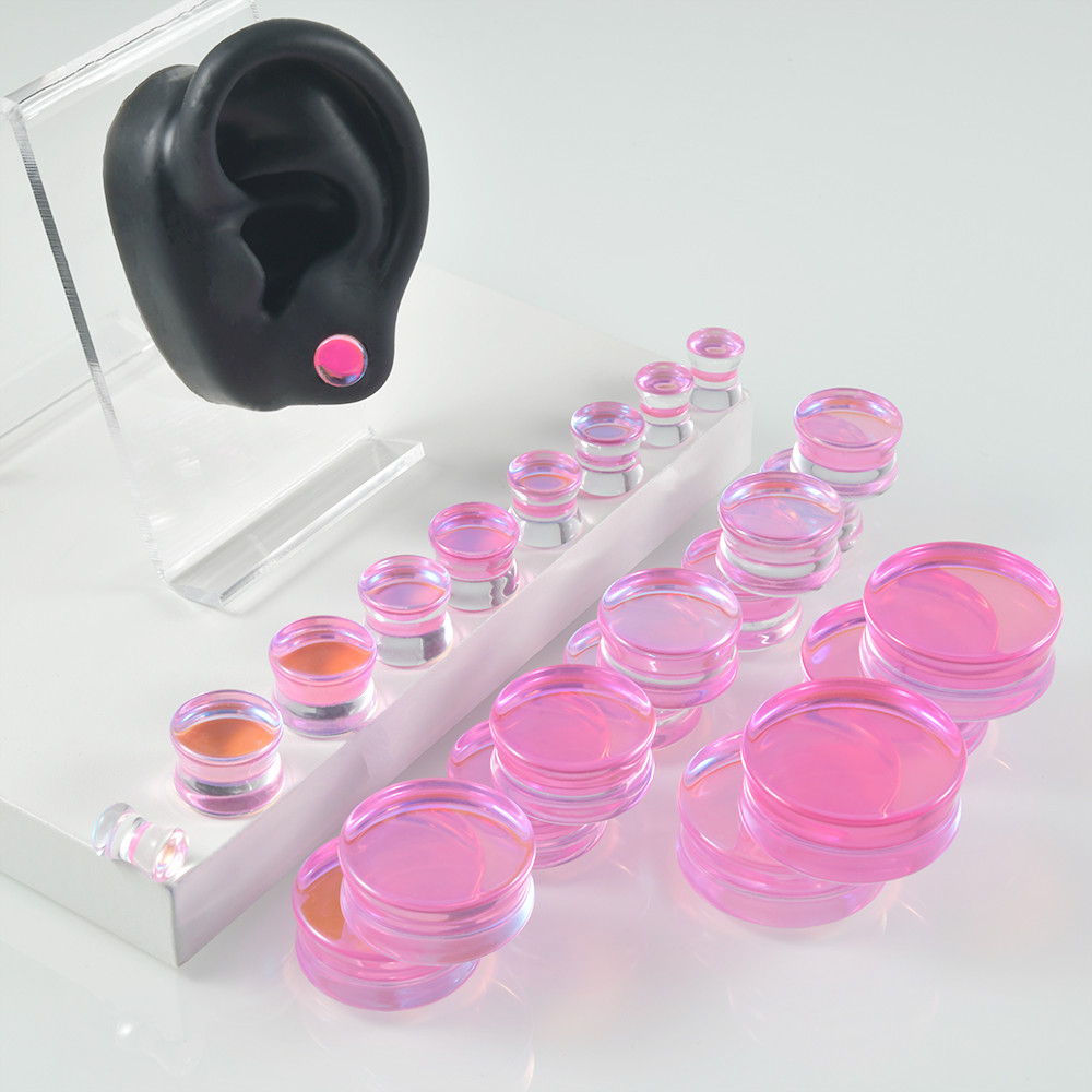 1Pair Top Quality Iridescent Glass Double Flare Flashback Pink For Women Ear Plugs Tunnel Gauge Ear 