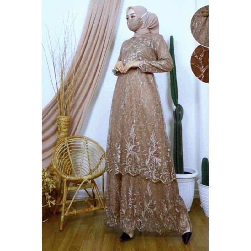 [Padu Dress] Gamis Brukat Premium Mocca – Baju Couple Ibu Anak Remaja Dewasa untuk Pesta & Kondangan