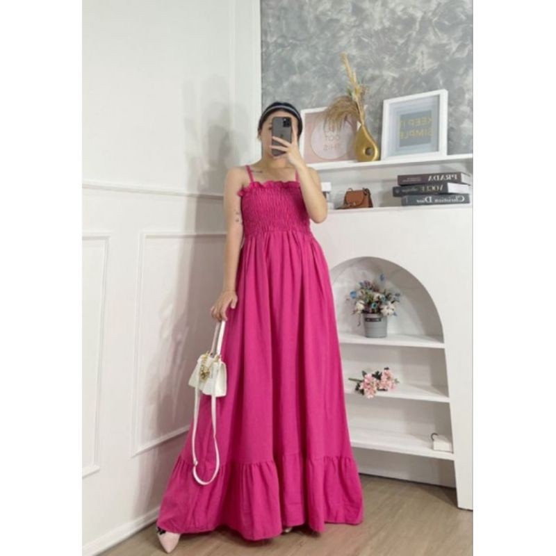 Amida Long Dress Korean Style  Polos | Dress Kerut Tali | Maxi Dress Smoke Cotton Rayon Premium | Dr