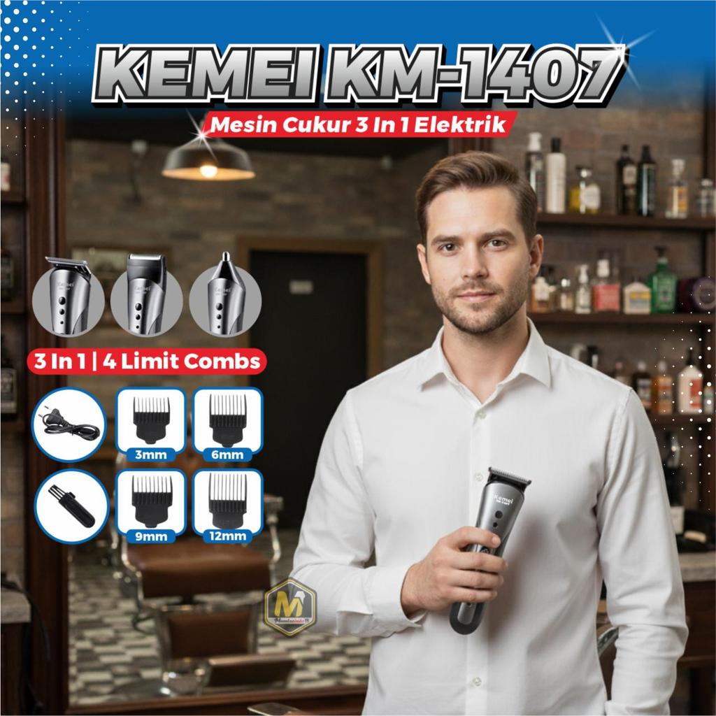 MUMTAZINDO - Alat Cukur Kemei Km 1407 / Kemei Alat Cukur 3 In 1 / Alat Cukur Rambut Charger / Prefes
