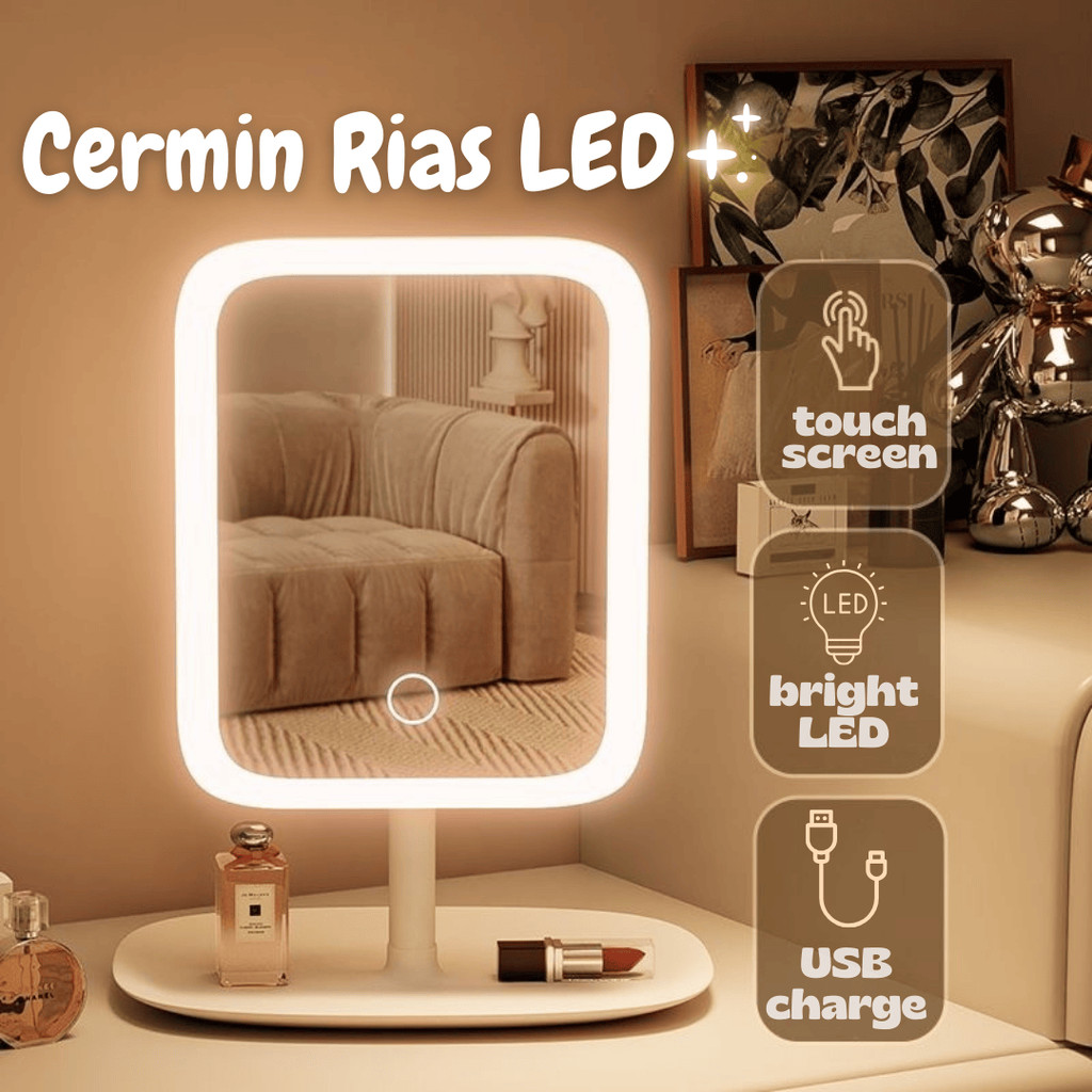 [GROSIR ATK] CERMIN MAKE UP MINI STAND DENGAN SPACE MAKE UP AKESORIS DILENGKAPI LAMPU LED 3 WARNA