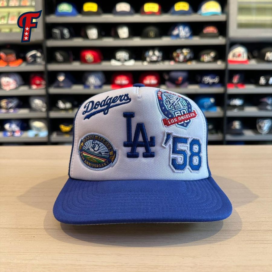 Topi Mitchell & Ness MLB LA Dodgers All Logo Blue Snapback Trucker Hat Original