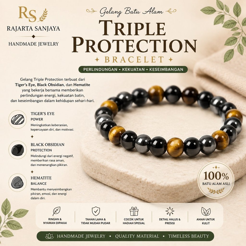 RS Handmade Gelang Batu Triple Protection | Natural Black Obsidian