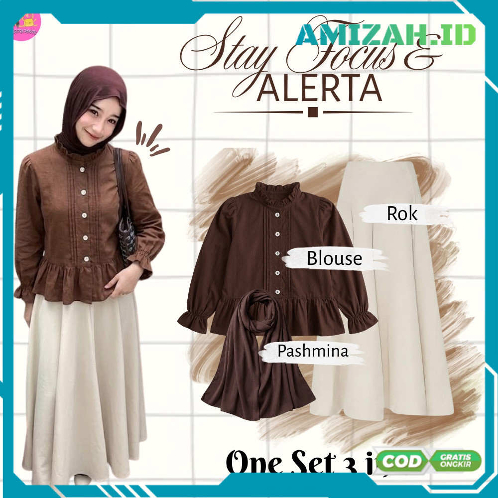 Setelan OneSet 3 in 1 Blouse Elora & Rok Payung Kekinian (Blouse Elora + Rok Payung + Pashmina) Kore