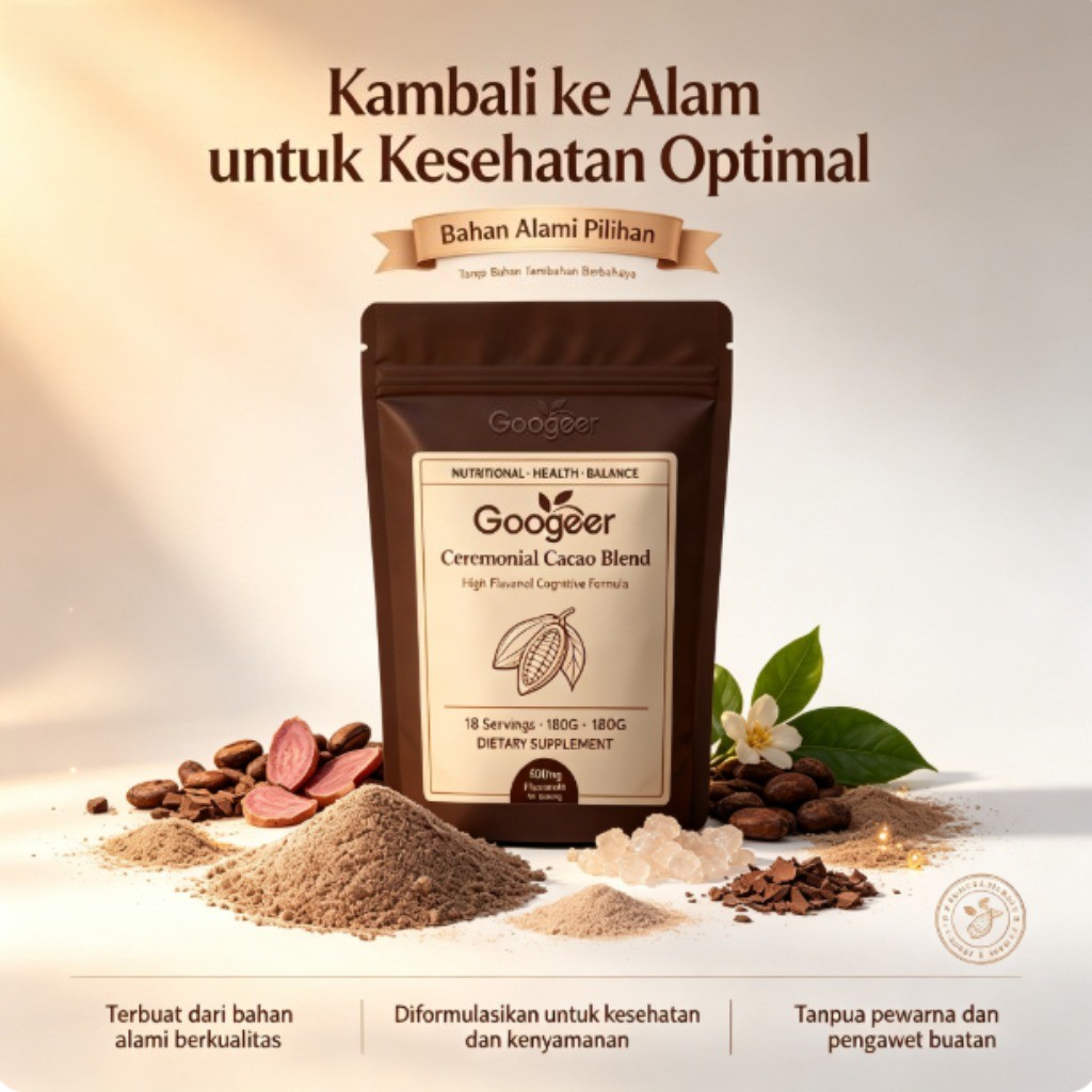 Etiket Googleer Cocoa Blend 180g, 600mg per porsi flavanol tinggi, mengandung kakao, bit, T-theanine