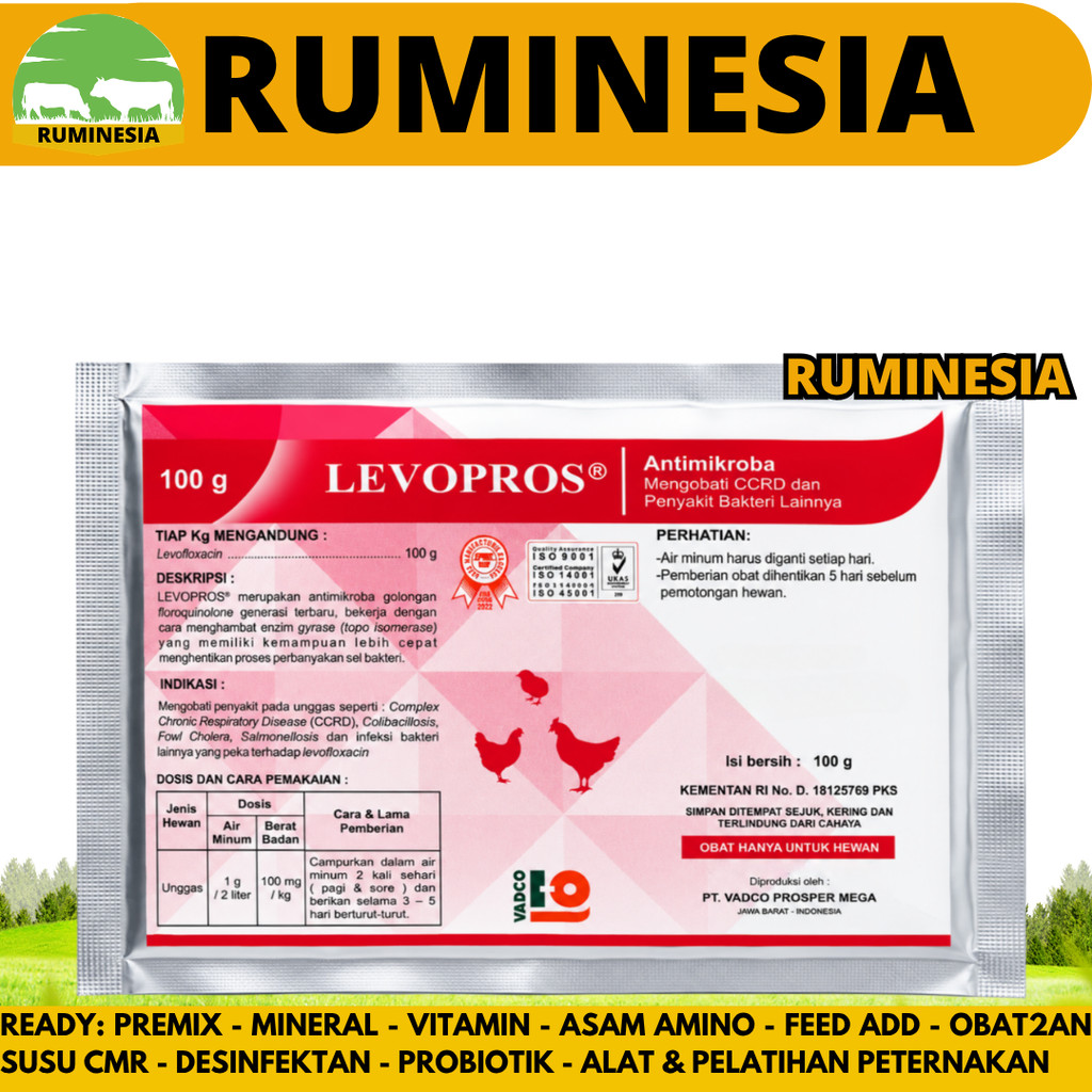 LEVOPROS 100 GRAM VADCO - Obat Ayam Cekres Batuk Crd Colibacilosis Salmonella Fowl Cholera CCRD  Lik