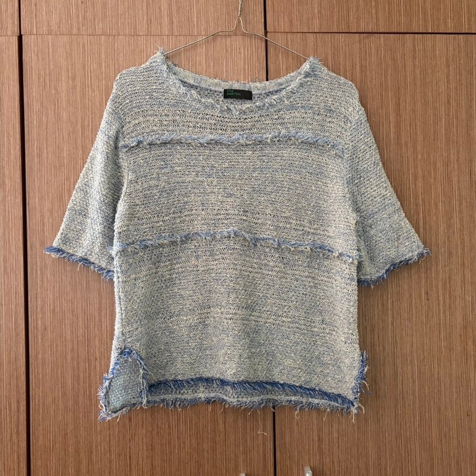 benetton tweed knit top rajut tweed glitter blue