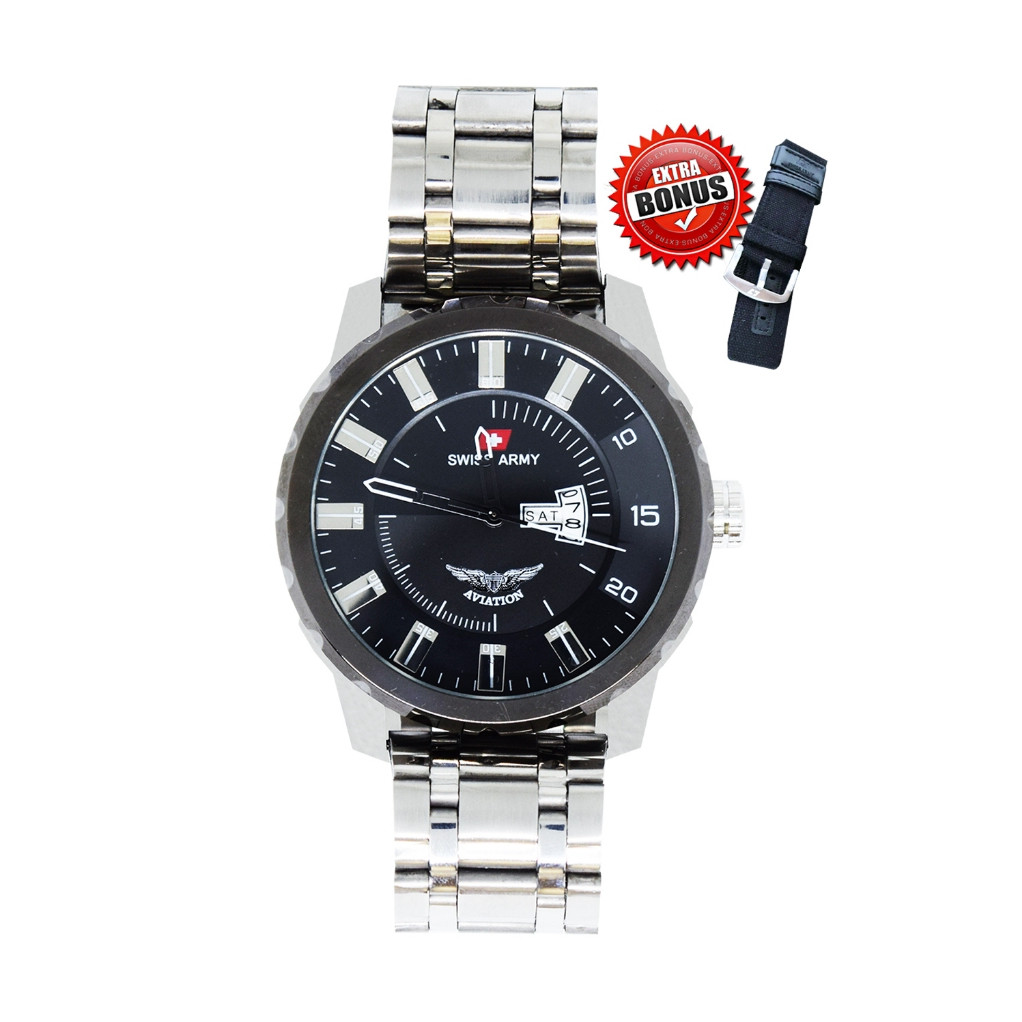 Swiss Army Aviation Jam Tangan Pria Stainless Steel bonus Tali Kulit dengan Tanggal Aktif Anti Air