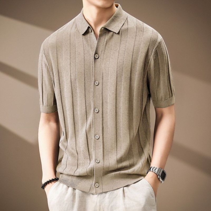 Polo Rajut Pria Bahan Lyocell Lengan Pendek dengan Garis Bertekstur Old Money Knit Cardigan