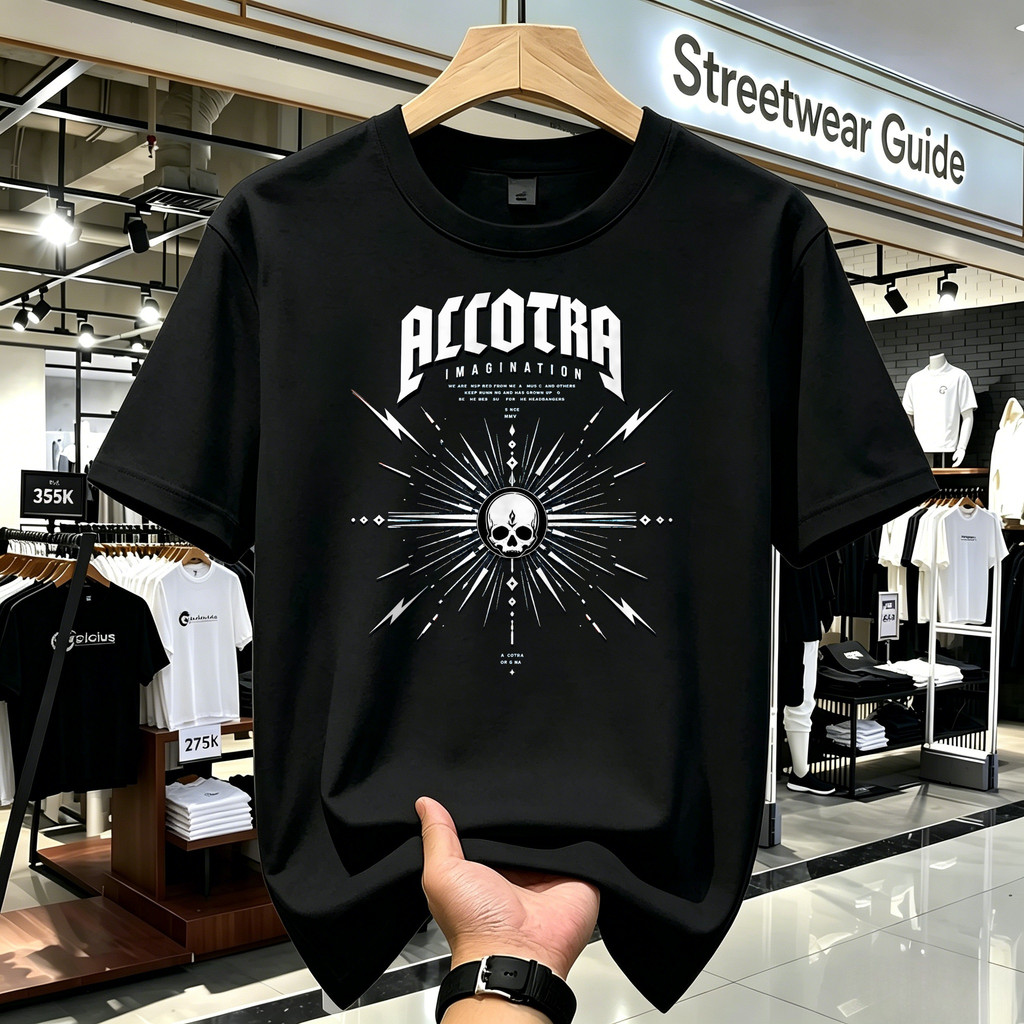 Kaos Distro Unisex Hitam Alcotra Skull Typography Streetwear Vintage Retro Lengan Pendek
