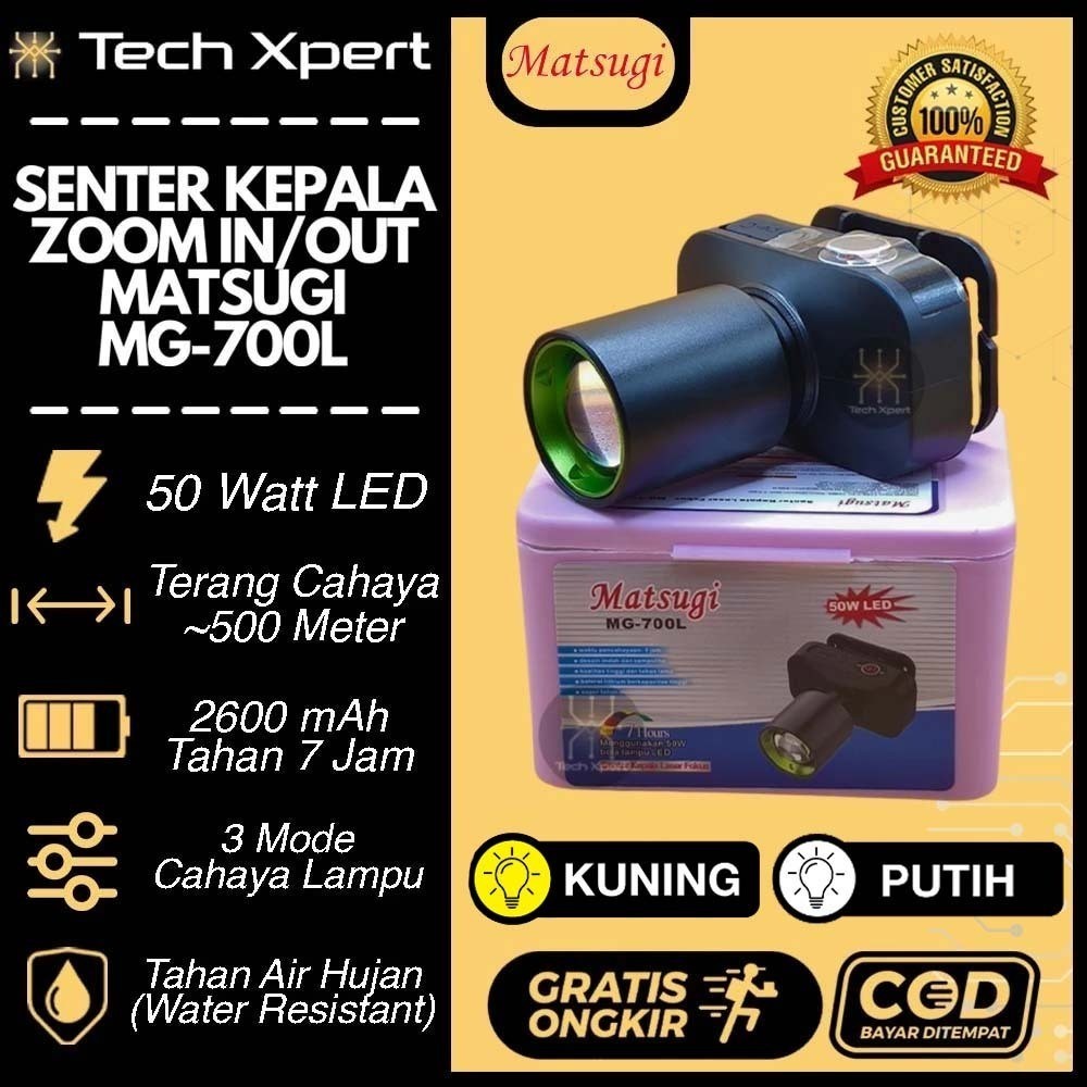 SENTER KEPALA CAS MATSUGI LED ZOOM 3 MODE CAHAYA I MATSUGI MG700L 50W PUTIH & KUNING