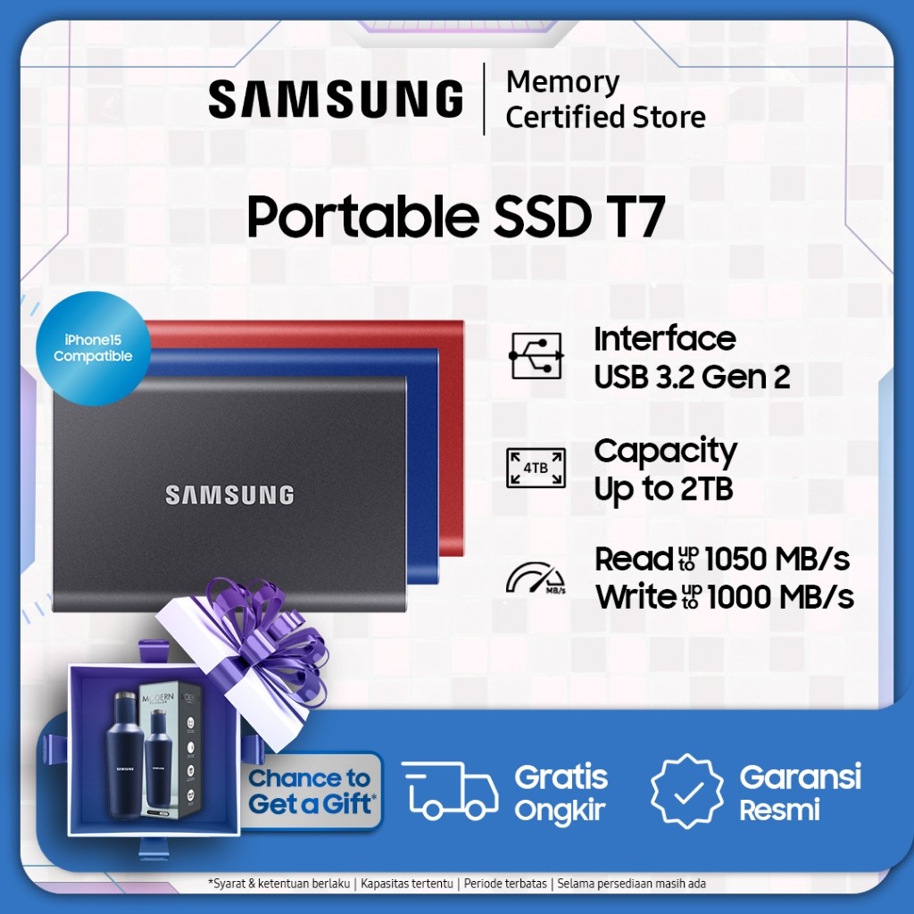 Samsung Portable SSD T7 USB 3.2 Gen 2 - SSD Eksternal - 1TB / 2TB / 4TB