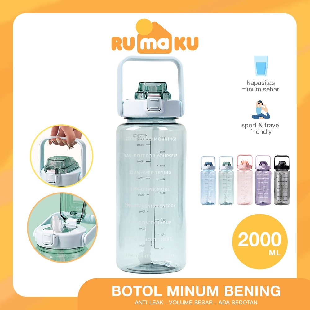 Promo RUMAKU Botol Minum Sport 2 Liter Korean Style Motivasi Anti Tumpah Free Sticker Botol Minum Ke
