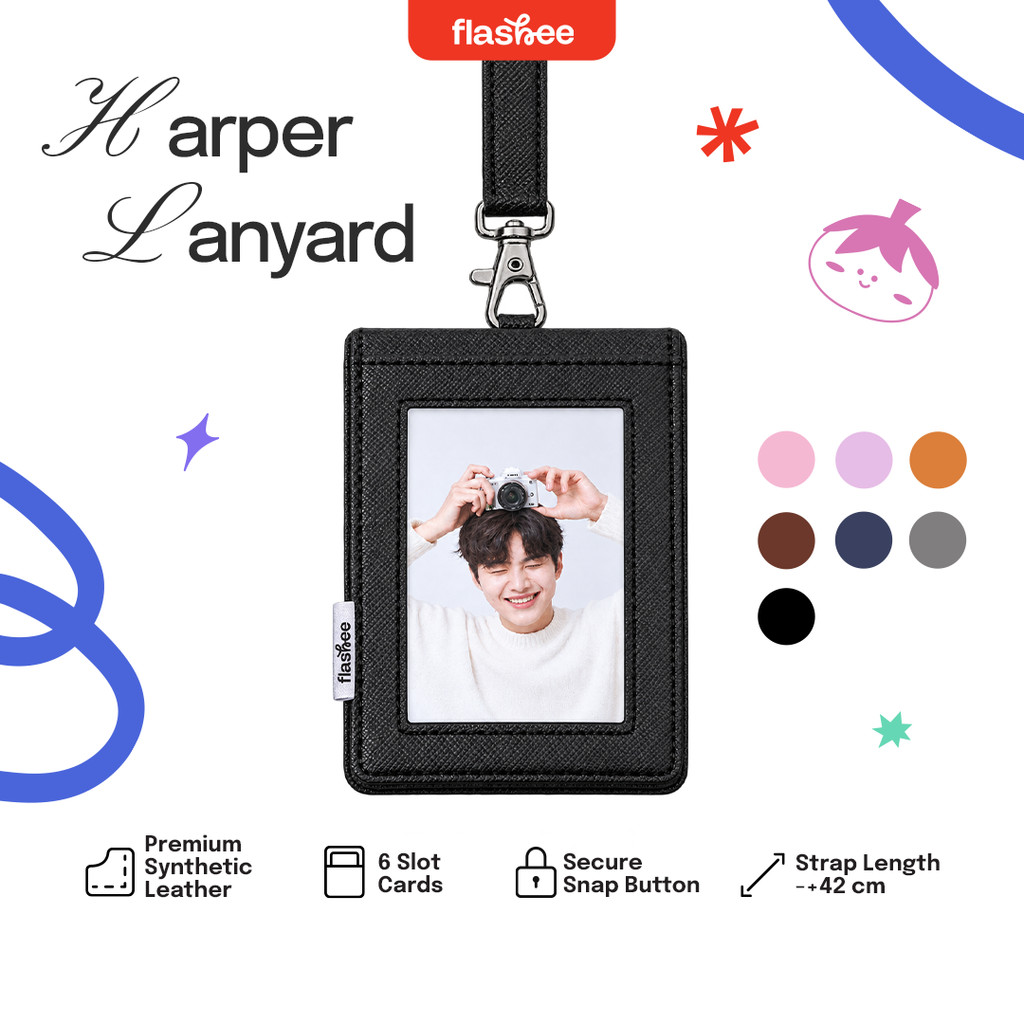 Flashee ID Card Holder Lanyard Harper Kulit Sintetis Name Tag Dua Sisi Bolak Balik Pria Wanita