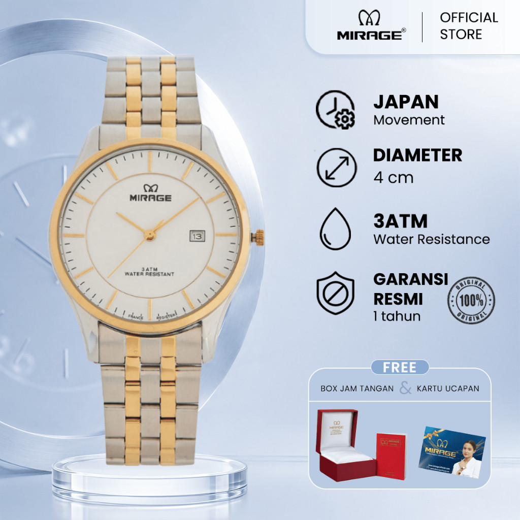 Mirage Jam Tangan Original Pria Analog 8544 M Silver Gold Original Stainless