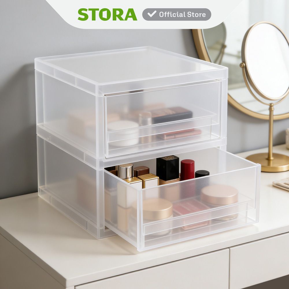 Stora Organizer Meja Plastik Frosted 2 Tingkat Transparan Desk Drawer Organizer Tempat Alat Tulis Mi