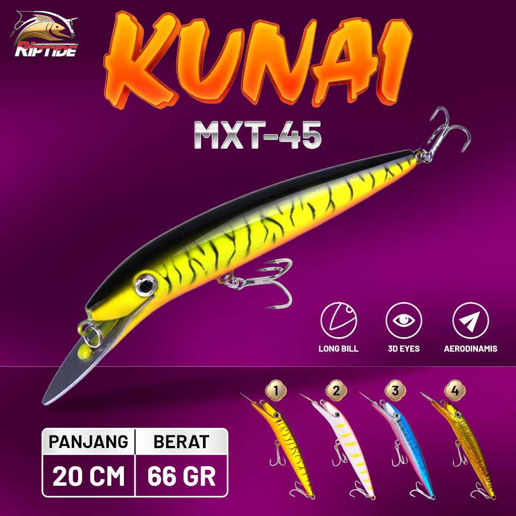 Umpan Lure Minnow Trolling RIPTIDE Kunai MXT-45 20cm 66g Long Bill 3D Eyes Tenggiri Tuna Wahoo Barak