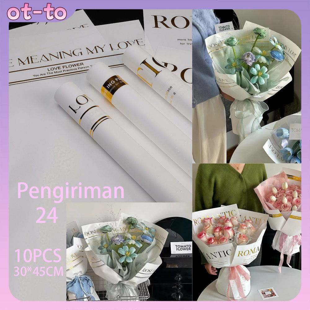 【10 Lembar】Kertas Pembungkus Bunga - Foil Stamping Bahasa Inggris, Desain Romantic Rose, Kertas Cell