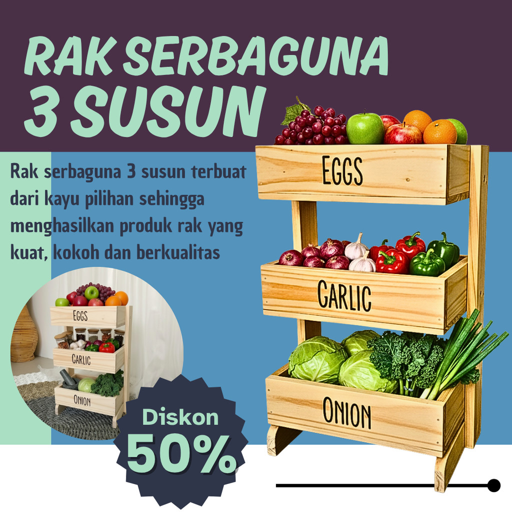 Rak Bawang Kayu 3 Susun / Rak Bumbu Serbaguna
