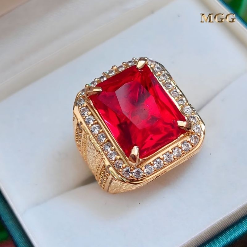 Cincin Batu Merah Siam Kotak Mewah Alpaka