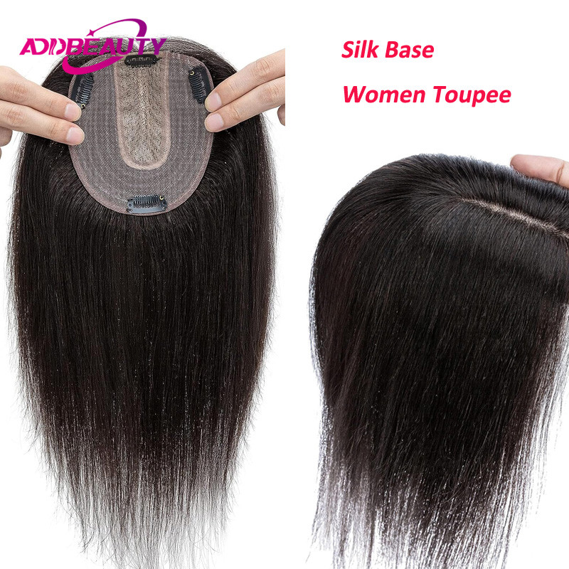 Women Topper Human Hair Straight Silk Top Human Hair Wigs Maine Made Clip in Remy Hair Toupee Silk B