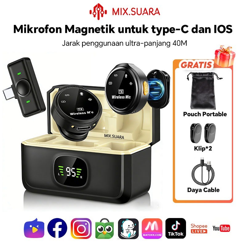 (Stay88) MIX.SUARA Q8 Wireless Mic Clip on Jepit Di Baju Type C IOS Magnetic Microphone Dual Mikrofo