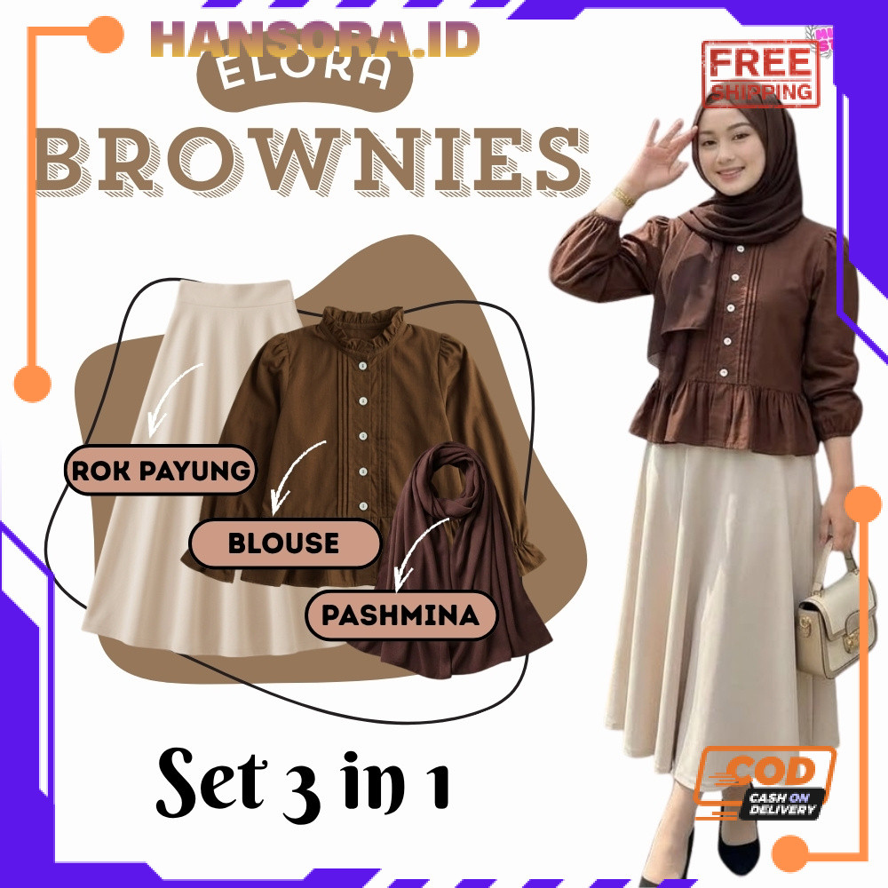Oneset Blouse Elora Choco With Rok Payung 3 in 1 Outfit Korean Style Kekinian (Pashmina + Blouse Elo