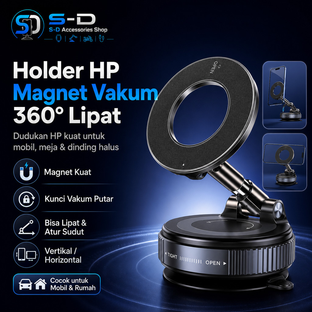 Holder HP Magnet Vakum Mobil Dudukan Ponsel Lipat Portable Suction Kuat Tanpa Bekas untuk Dashboard 