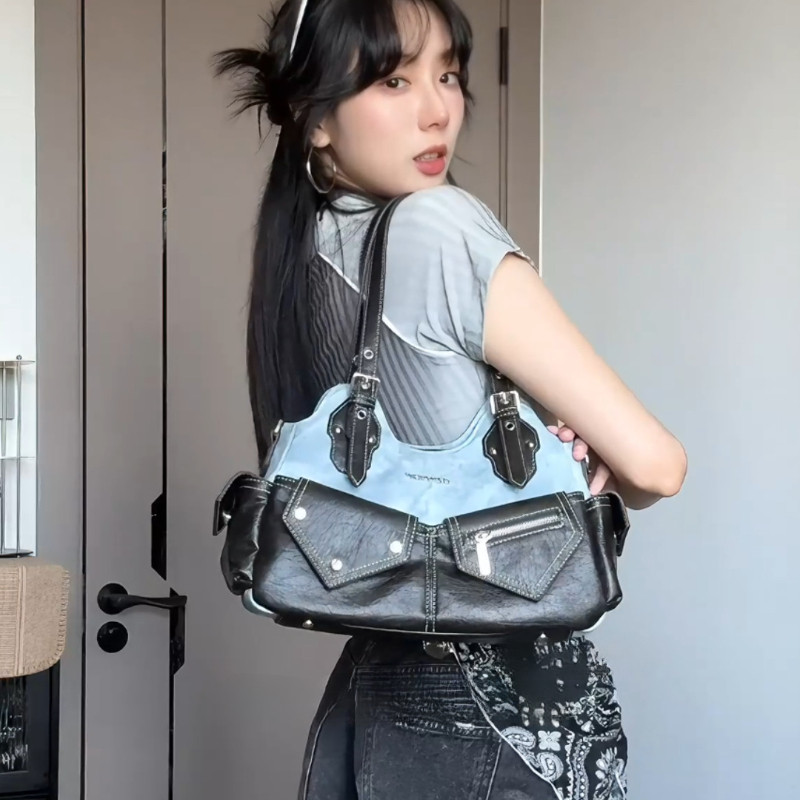 Two-tone denim patchwork shoulder bag, underarm handbag, crossbody bag for women