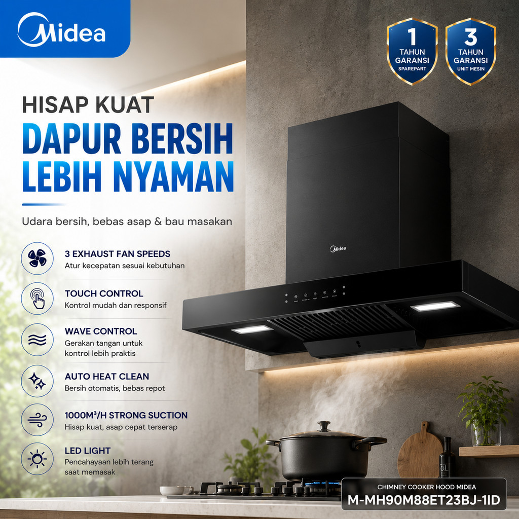 Midea Chimney Cooker Hood MH90M88ET23BJ-ID | Touch Control | Wave Control | Auto Heat Clean