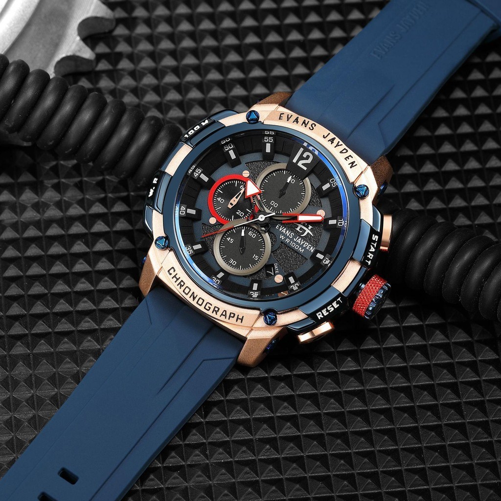 [ PROMO SAAT LIVE ] Evans Jayden Jam Tangan Pria 9617 Rubber Silicon Kaca Sapphire Chronograph Water