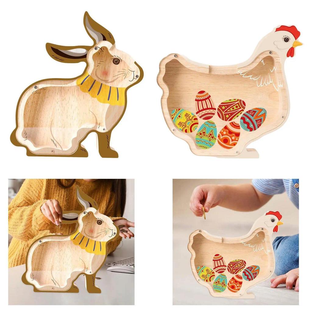 Handcrafted Wood Animal Piggy Bank Money Saving Jar Decorative Figure for Indoor Tabletop Ornament K
