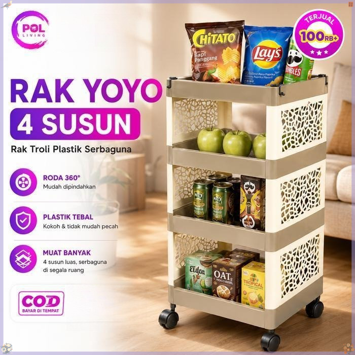 Rak Yoyo 4 Susun ada Roda | Rak 4 Tingkat Serbaguna Rak Dapur Plastik | Rak Penyimpanan POL LIVING