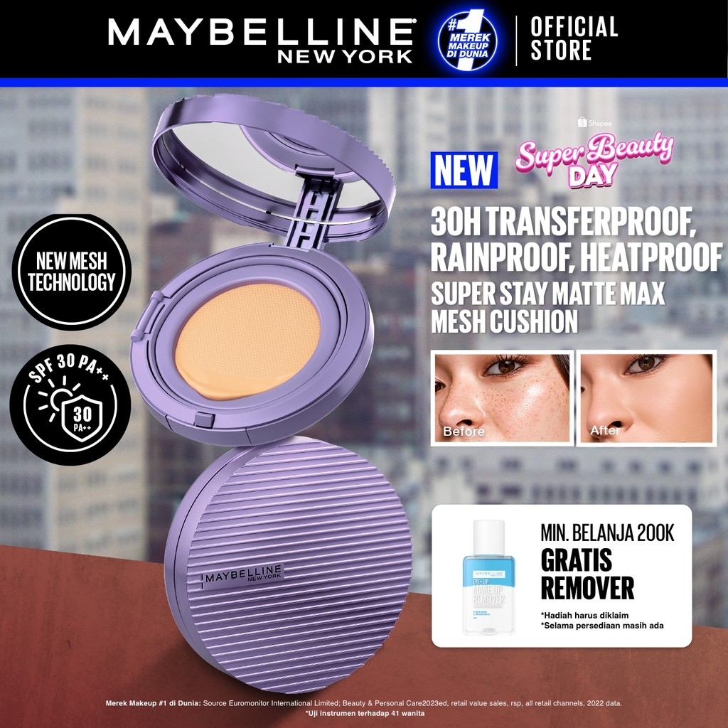 [BARU] MAYBELLINE OFFICIAL Super Stay Matte Max 30H Mesh Cushion Full Coverage SPF 30 Pa+++ Anti Badai Super Matte Finish Non-Oxidizing Waterproof Heatproof