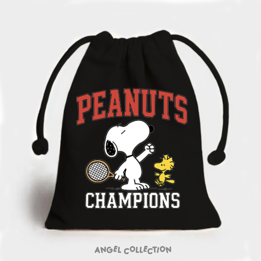 ENJEL Pouch Serut Kanvas Hitam Tebal Premium Snoopy