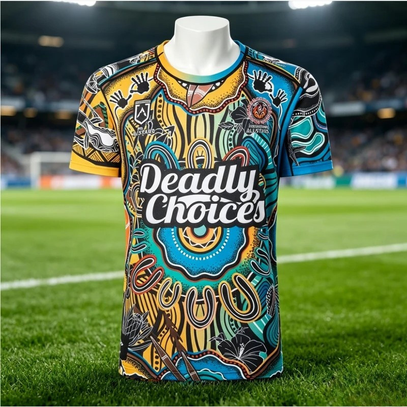 Jersey sepak bola lengan pendek pria, edisi Liga Rugby All-Stars Suku Asli NRL 2026, menampilkan des