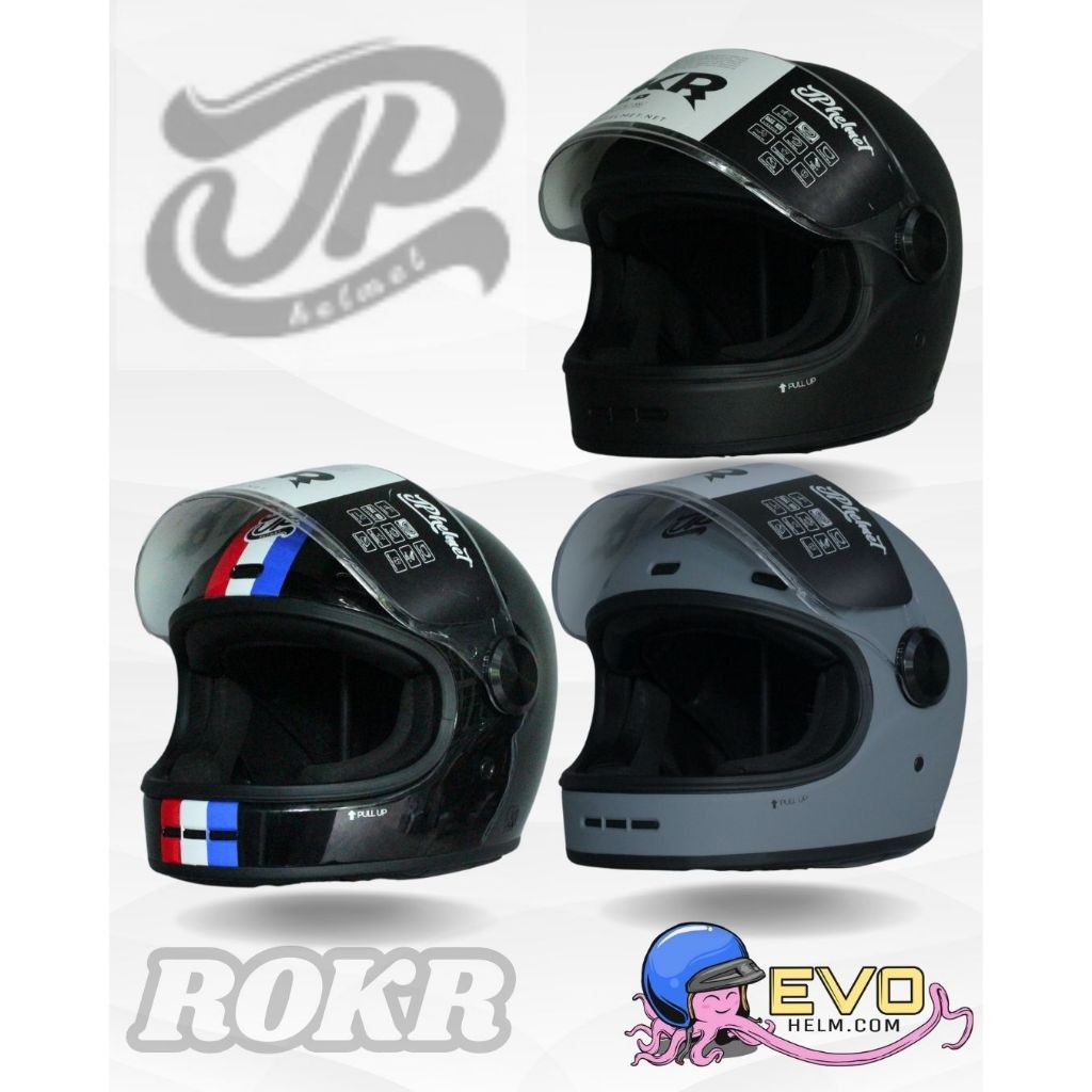 HELM JPX FULL FACE - JP RETRO ROKR MOTIF & SOLID ORIGINAL SNI (DOT) HELM VESPA CLASIC & MOTOR HARLAY