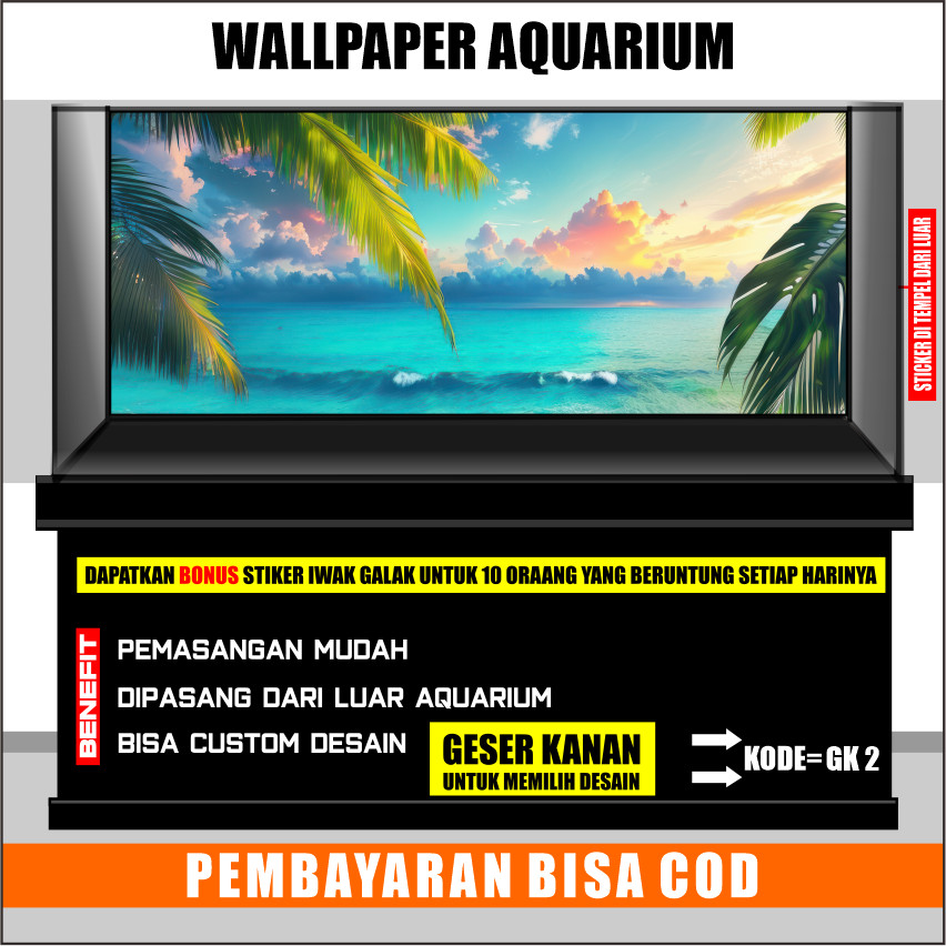 STICKER AQUARIUM, AQUASCAPE,STIKER KACA AQUARIUM,BACKGROUND AQUARIUM TEMA PEMANDANGAN PANTAI GK2