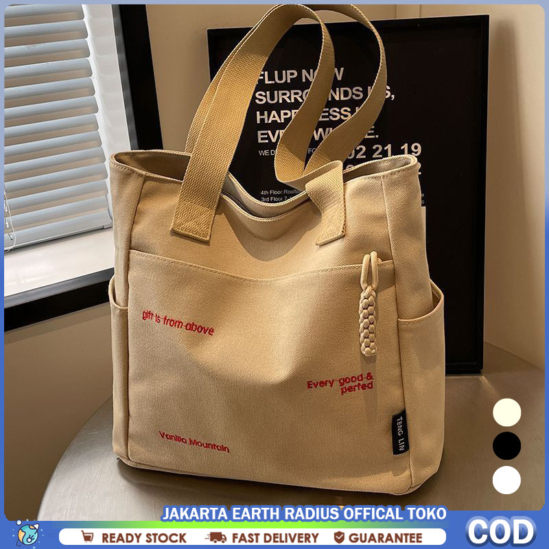 Canvas Bag Simple Wanita Tas Totebag Tas Tangan Kanvas Import-Bahan Kanvas Tebal Motif Polos