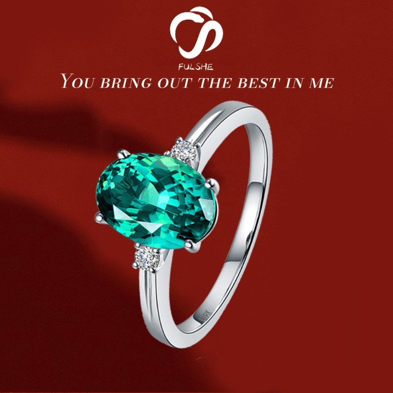 FULSHE Cincin Zircon Oval Berlian Hijau AAAAA Batu Permata Berwarna Premium Wanita